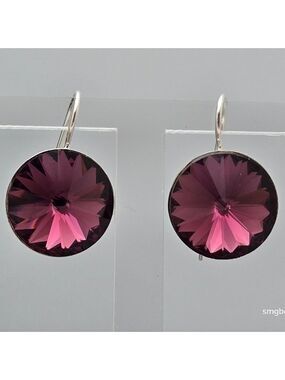 Purple Crystal Drop Earrings Silver Tone Minimalist NWOT Swarovski Style
